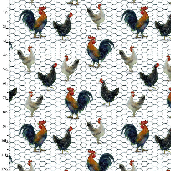 Fabric CHICKEN DANCE WHITE from Country Living Collection by John Keeling for 3 Wishes, # 21681-WHT-CTN-D
