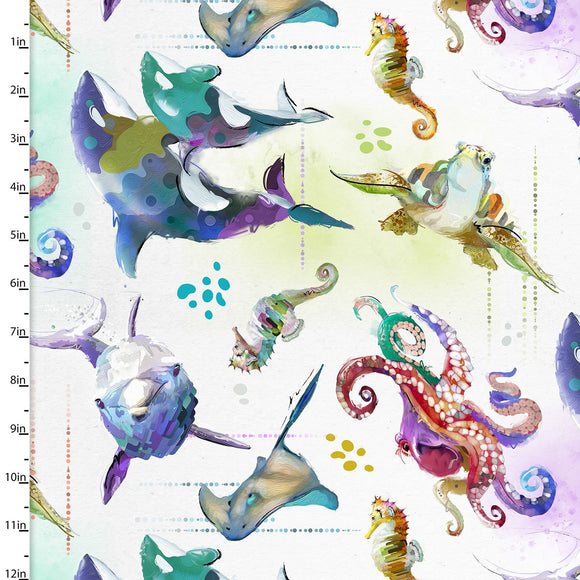 Fabric ALL OVER SEA LIFE WHITE from Shining Sea Collection by Connie Haley for 3 Wishes, # 21689-WHT-CTN-D
