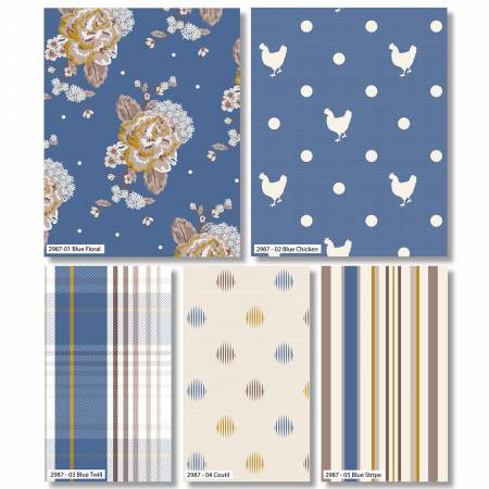 Organic Cotton 5 fat 1/4s bundle # 2986C-01 BLUE from BLUE SKIES & NUTMEG Collection by Stuart Hillard.