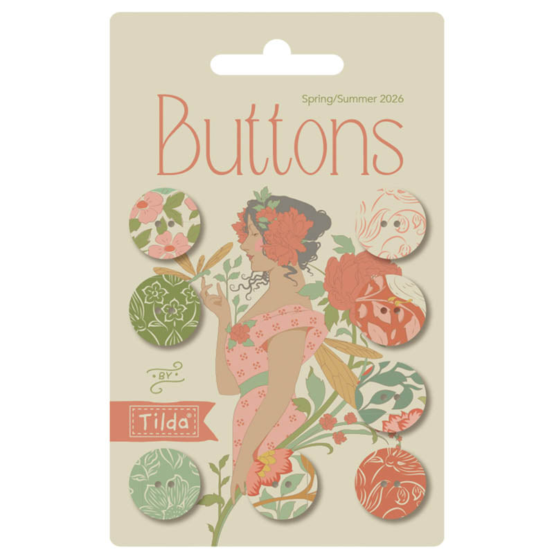 Fabric Covered Buttons, 8 pieces CORAL/GREEN 0.63" diameter each from Tilda, SONGBIRD Collection, TIL400074
