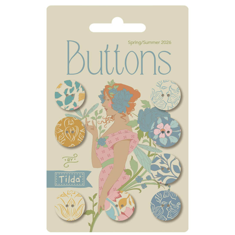 Fabric Covered Buttons, 8 pieces BLUE/YELLOW, 0.63" diameter each from Tilda, SONGBIRD Collection, TIL400075
