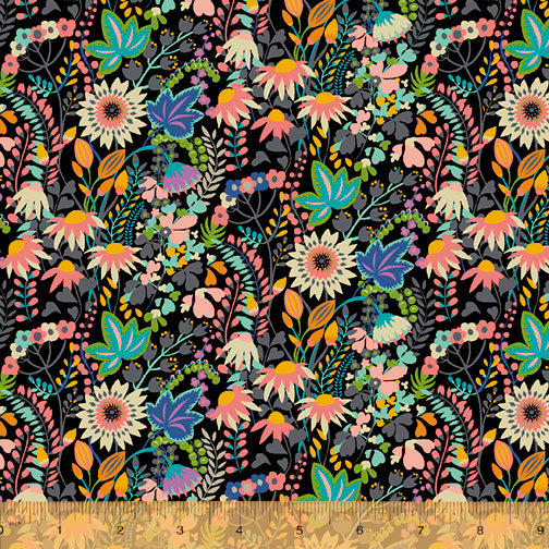 Fabric FLOWER BED, from Paradiso Collection, Windham Fabrics, 51932D-2 Black
