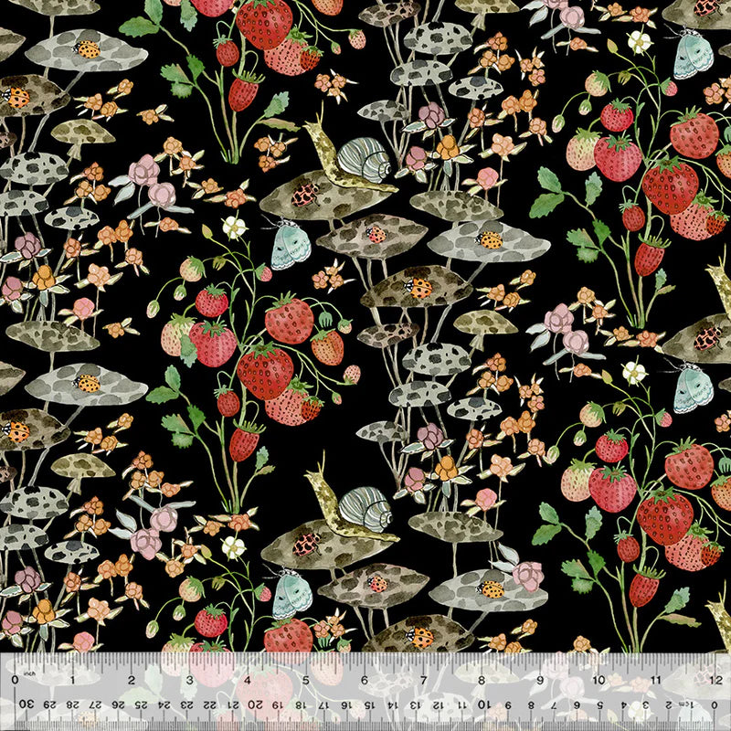 Cotton Fabric Sneaky Snail 54771D-3 Black, FOREST FRUITS Collection from Betsy Olmsted for Windham