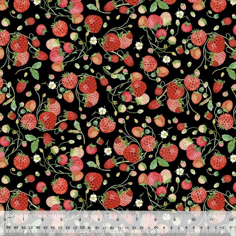 Cotton Fabric Strawberries 54772D-3 Black, FOREST FRUITS Collection from Betsy Olmsted for Windham