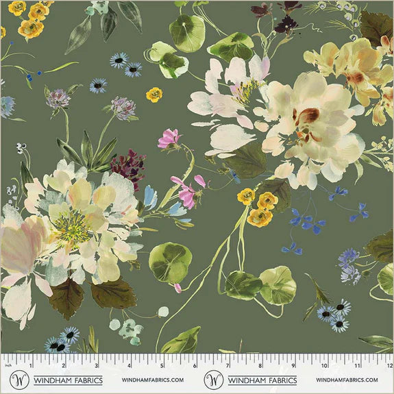 Cotton Fabric PEONY GARDEN 54872D-2 Grass, Bloomfield Collection by Kelly Ventura for Windham