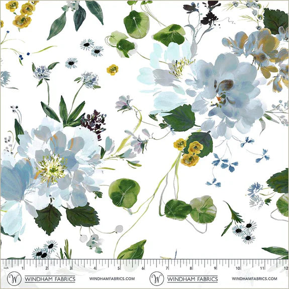 Cotton Fabric PEONY GARDEN 54872D-4 White, Bloomfield Collection by Kelly Ventura for Windham
