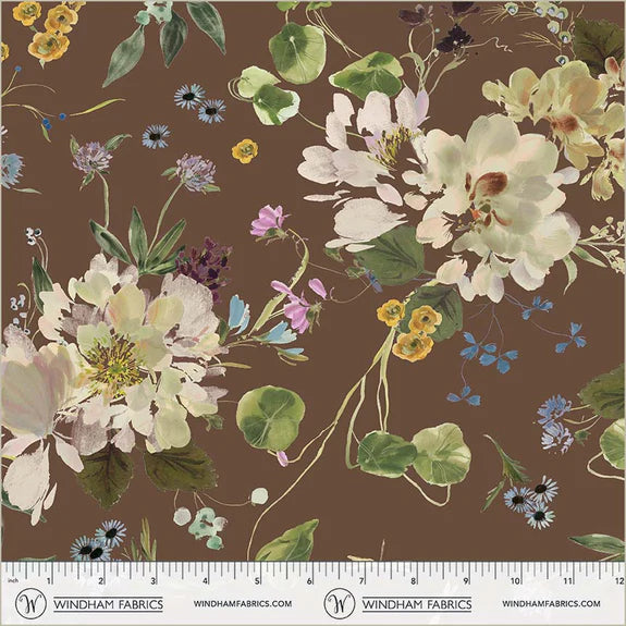 Cotton CANVAS Fabric PEONY GARDEN 54872DC-16 Cedar, Bloomfield Collection by Kelly Ventura for Windham