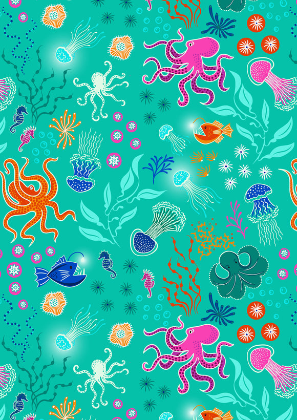 GLOW in the DARK Fabric UNDER THE OCEAN 2 Turquoise Green from Ocean Glow Collection By Lewis and Irene D#A779 C#2