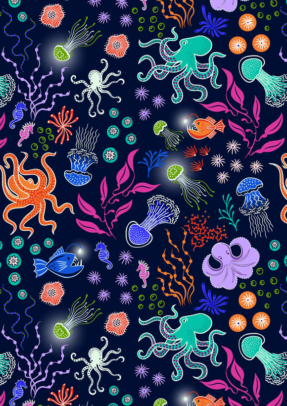 GLOW in the DARK Fabric UNDER THE OCEAN 2 Very Dark from Ocean Glow Collection By Lewis and Irene D#A779 C#3
