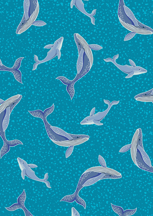 GLOW in the DARK Fabric HUMPBACK WHALES3 Turquoisy from Ocean Glow Collection By Lewis and Irene D#A781 C#1