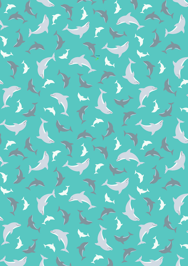 GLOW in the DARK Fabric SSCATTERED DOLPHINS Turquoise from Ocean Glow Collection By Lewis and Irene D#A782 C#1