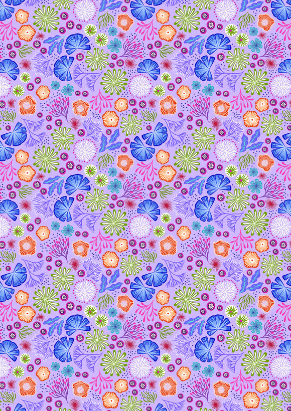 GLOW in the DARK Fabric CORALLY FLOWERS SMALL Light Purple from Ocean Glow Collection By Lewis and Irene D#A783 C#1