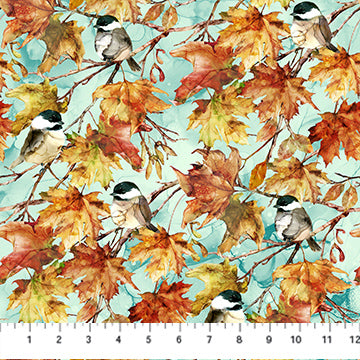 Fabric DP28057-62 BIRDS TURQUOISE MULTI from AUTUMN BREEZE Collection by Deborah Edwards and Melanie Samra for Northcott