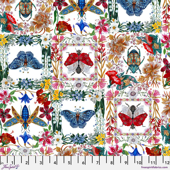 Fabric MOTH AND BEETLES WHITE from NOCTURNAL CREATURES Collection by Maria Matos PWMM008.WHITE