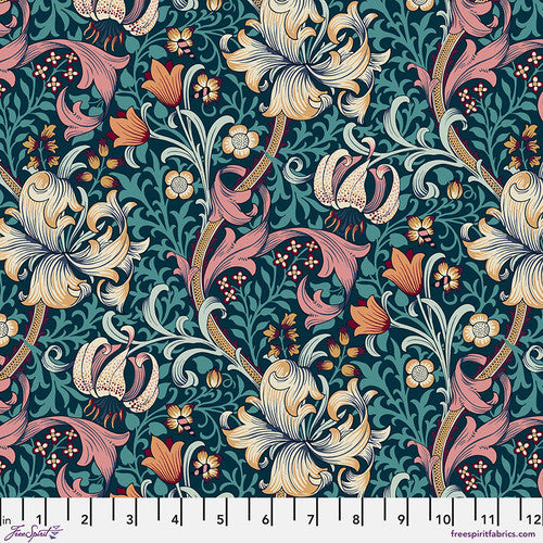 Backing Fabric, 108" width, GOLDEN LILY TEAL, Red House Collection, Original Morris & Co, QBWM007.TEAL