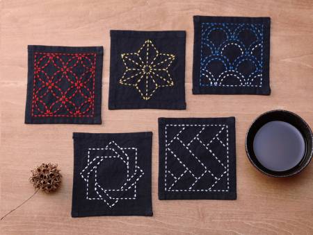 Sashiko Tsumugi Sampler Coasters Sumi Black # SC-TC1 by Emma Creation