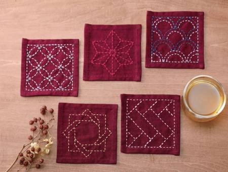 Sashiko Tsumugi Sampler Coasters Deep Red # SC-TC3 by Emma Creation