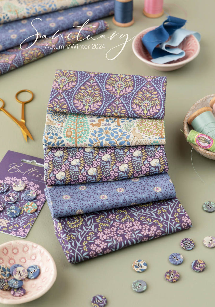 Fabric, 5 Fat 1/4s (20" X 22") bundle from Tilda, SANCTUARY Collection Eggplant/ Blue, 300198