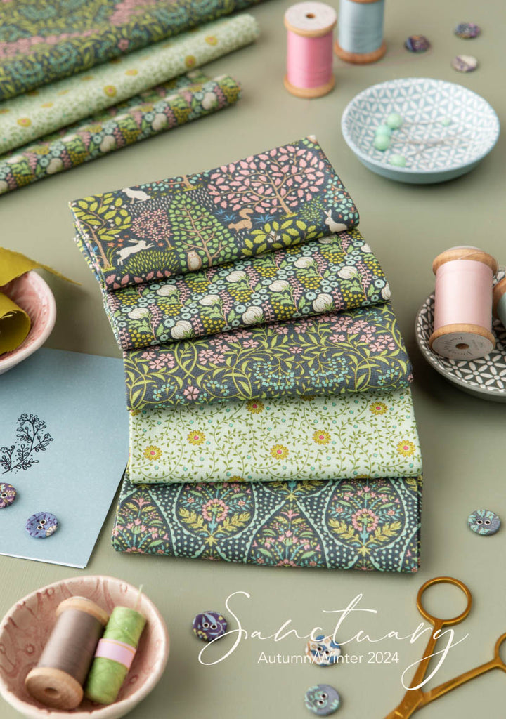 Fabric, 5 Fat 1/4s (20" X 22") bundle from Tilda, SANCTUARY Collection GREEN/GREY, 300199