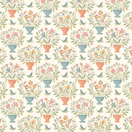 Fabric CREAM FLOWER POTS for Poppie Cotton, # WW25115