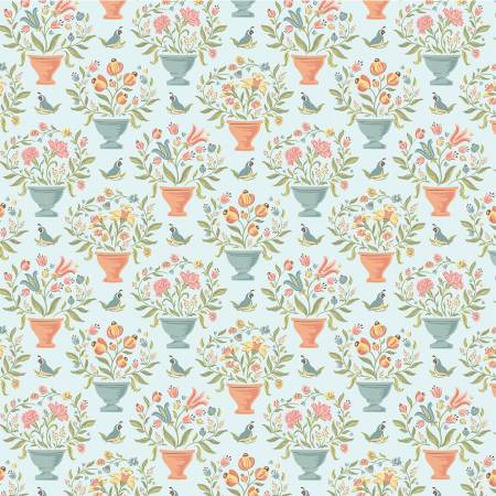 Fabric LIGHT TEAL FLOWER POTS for Poppie Cotton, # WW25116