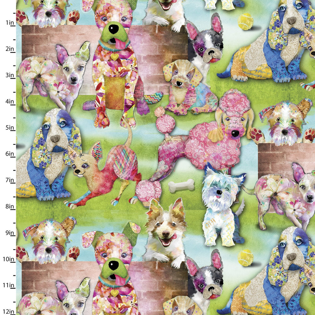 Quilting Fabric Packed Dogs from The GOOD DOGS TOO Collection by Connie Haley from 3 Wishes, 14848-GREEN