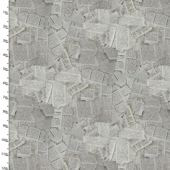 Newspaper Print Quilting Fabric from The Great Outdoors Collection by Connie Haley from 3 Wishes, 16033-GRY-CTN-D