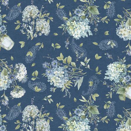 Fabric Blue Tossed Bouquets # 17754-447 from Bohemian Blue Collection by Lisa Audit for Wilmington prints,