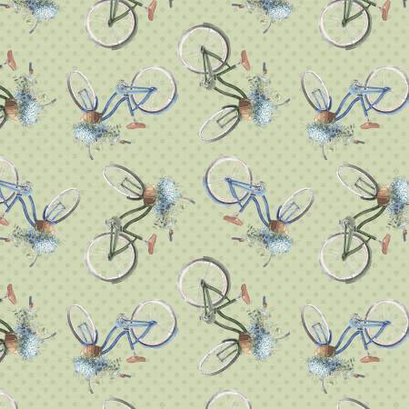 Fabric Green Bike Toss # 17755-724 from Bohemian Blue Collection by Lisa Audit for Wilmington prints,