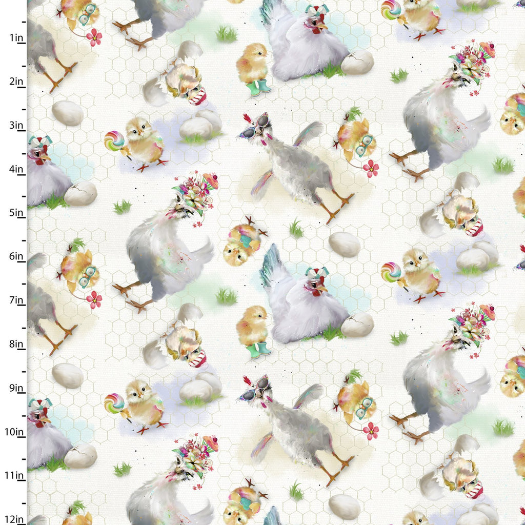 Quilting Fabric HENS, White, from The Welcome to the Funny Farm Collection by Connie Haley from 3 Wishes,  18733-WHT-CTN-D