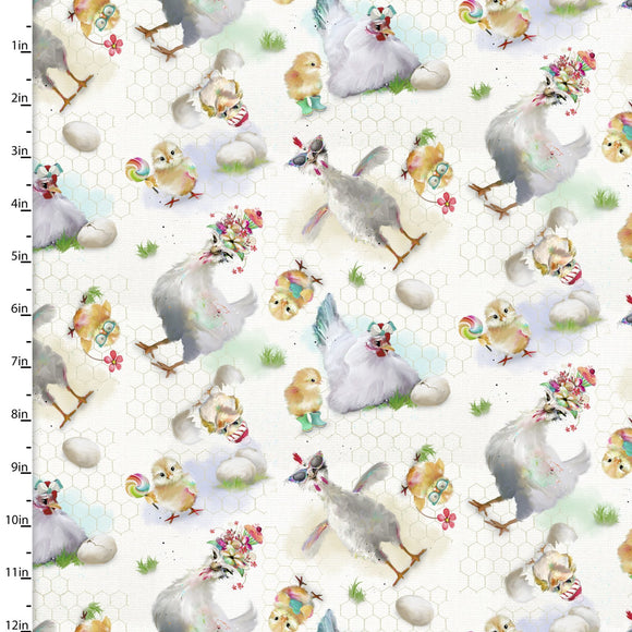 Quilting Fabric HENS, White, from The Welcome to the Funny Farm Collection by Connie Haley from 3 Wishes,  18733-WHT-CTN-D
