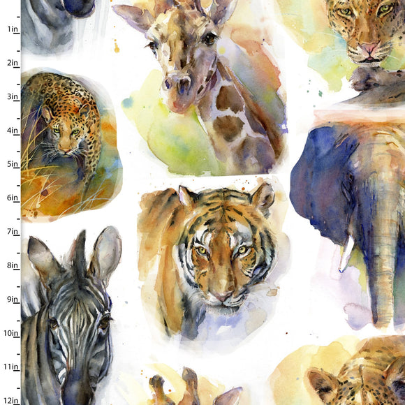 Fabric SAFARI ANIMALS, WHITE, from Into The Wild Collection by John Keeling for 3 Wishes, # 20177-WHT-CTN-D