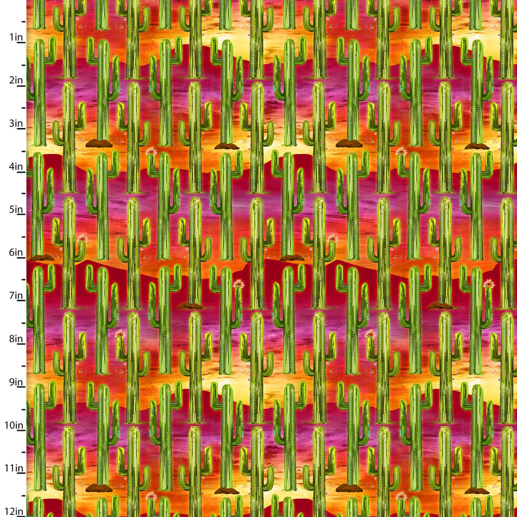 Fabric CACTUS SCENIC, RED, from Whimsical West by Connie Haley for 3 Wishes, # 20275-RED-CTN-D
