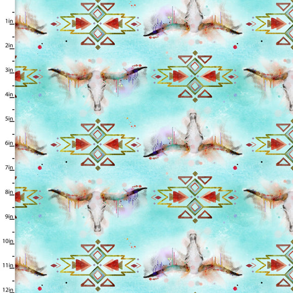 Fabric LONGHORN SKULLS, TURQUOISE, from Whimsical West by Connie Haley for 3 Wishes, # 20277-TRQ-CTN-D