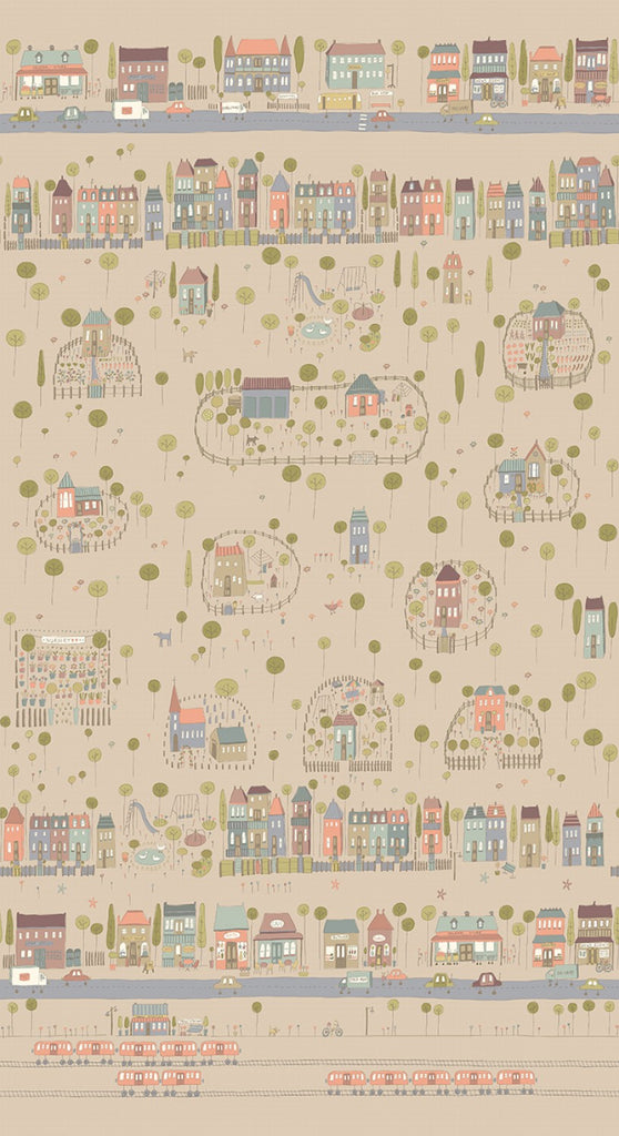 Henry Glass Fabric Taupe Neighborhood Panel 24in # 2632P-39 from My Neighborhood Collection by Anni Downs