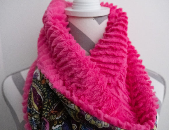 Cuddle Scarf / Cowl from Minky Indian Summer and Luxe Cuddle Ziggy, hot pink, from Michael Miller and Shannon Fabrics