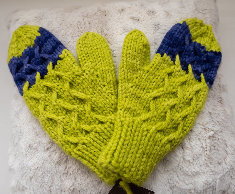 Hand-knit Mittens from Malabrigo Chunky yarn, Color: Grasshopper and Azul Profundo