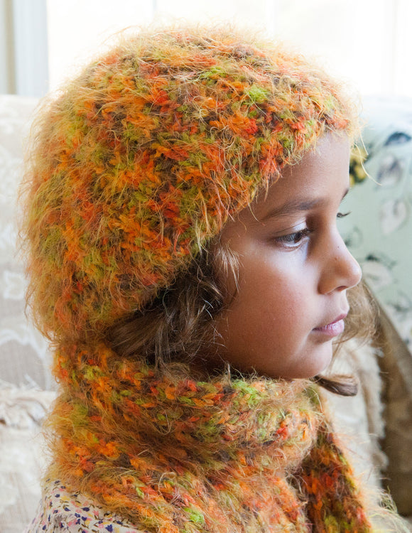 Hat, Handknit, Amelie, Orange/Green/Brown, size Small
