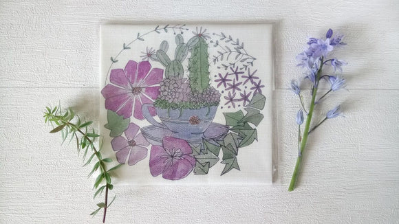Annie Morris Embroidery Color Printed Linen Panel, TEACUP AND SUCCULENTS