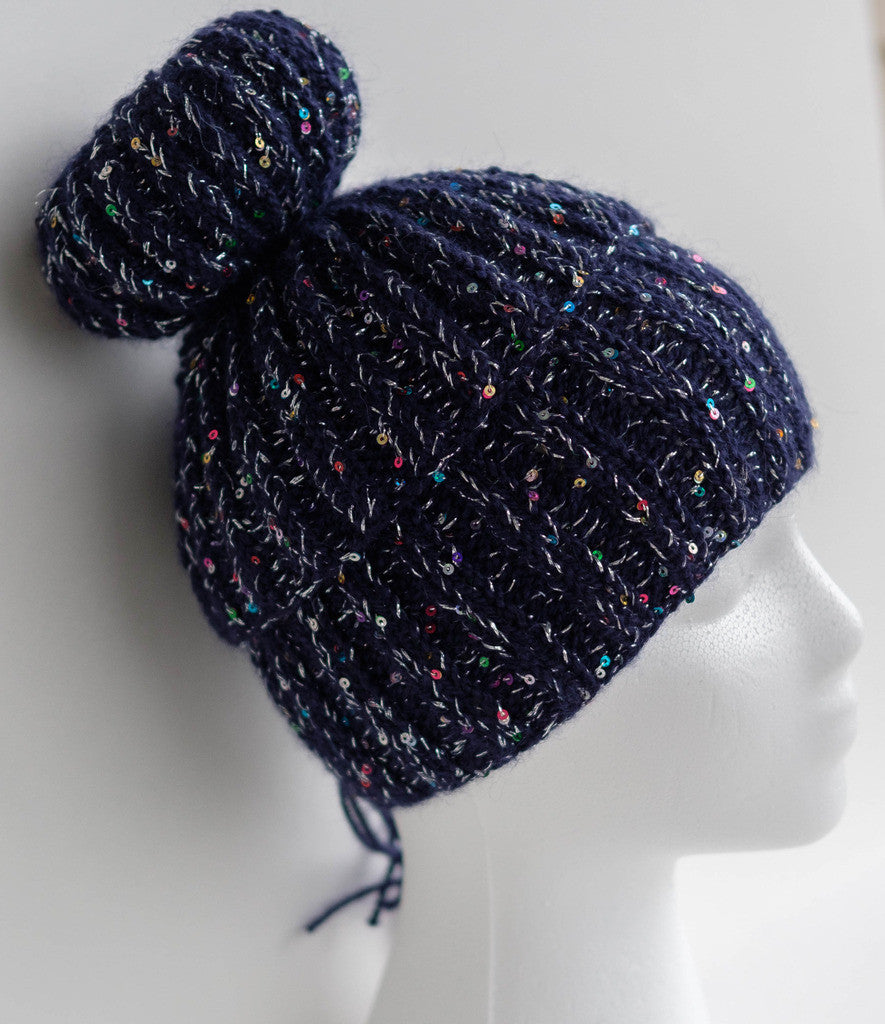 Hat, Handknit, with a Bun, Midnight Blue with Silver Sequin Yarn