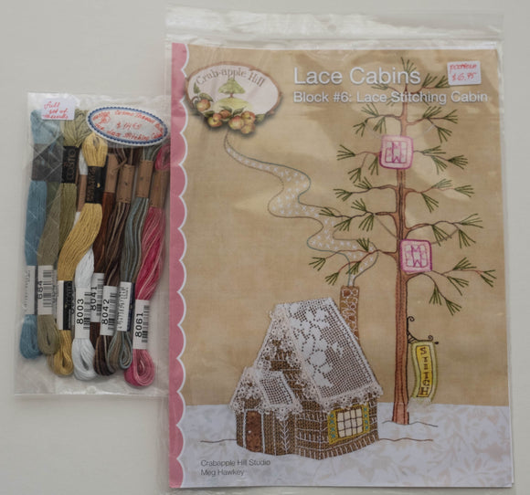 Lace Stitching Cabin Pattern from Crabapple Hill, with Cosmos Embroidery floss pack by Lecien, Japan. Block 6
