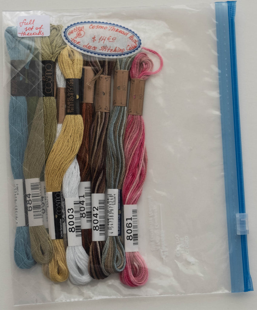COSMO Embroidery Floss Pack from Lecien, Japan, for the Pattern of Block 6, Lace Stitching Cabin by Meg Hawkey for the Crabapple Hill Designs