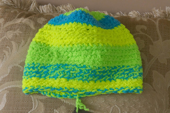 Hat, Hand crocheted, soft plush, Neon Yellow, Green, and Blue
