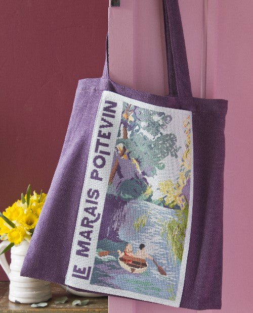 Tote Bag with 14 count Aida pocket for Cross Stitch Embroidery Projects from CREATION POINT DE CROIX magazine, 30 count Linen.