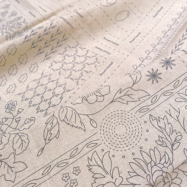 French General Embroidery Sampler pre-printed design on linen Jardin de Fleurs BLUE