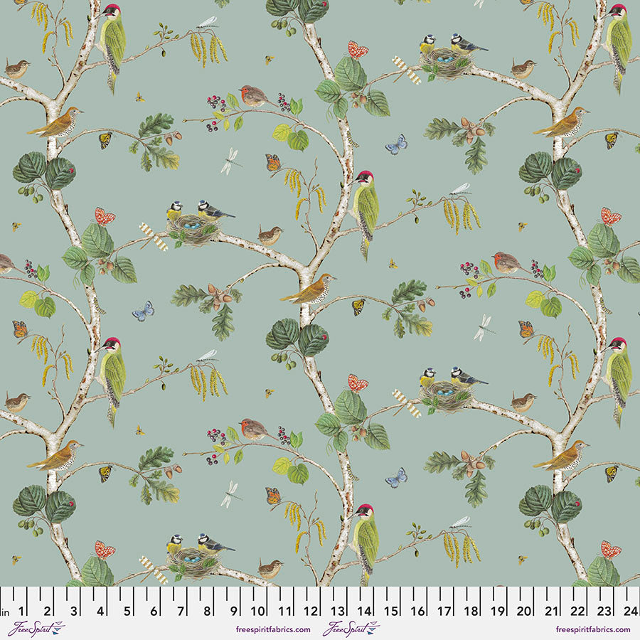 Fabric Woodland Chorus, color Sky from the Woodland Blooms Collection, by Sanderson for Free Spirit, PWSA028.SKY