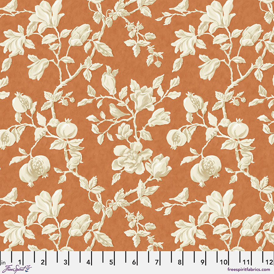 Fabric Magnolia & Pomegranate, color Russet from the Woodland Blooms Collection, by Sanderson for Free Spirit, PWSA032.RUSSET